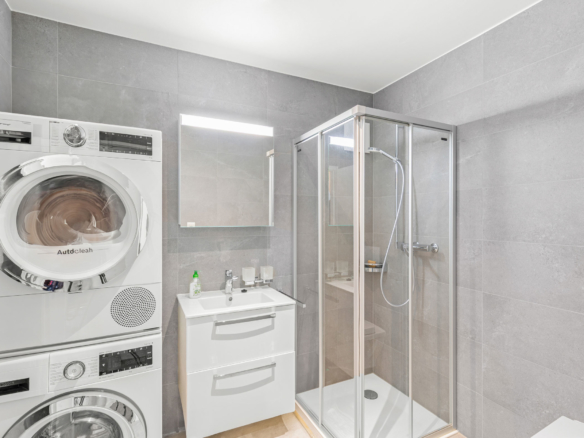 Salle d’eau avec douche vitrée, colonne de lavage et carrelage gris moderne