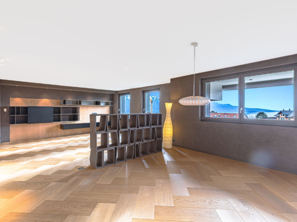 Salon lumineux avec vue lac et montagne