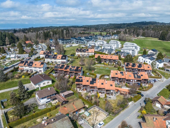 Vue drone du quartier résidentiel proche de la nature à Lausanne