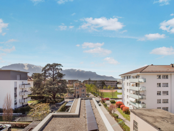 Vue depuis le balcon sur les Alpes et les toits de la ville