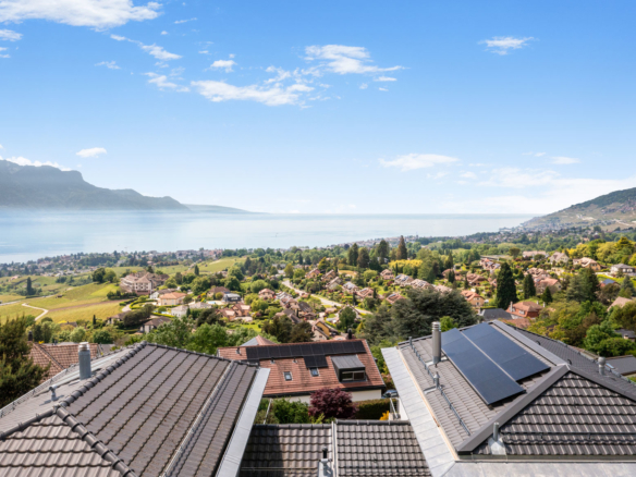 Vue panoramique sur le Léman, les vignes et les toits des habitations depuis Blonay