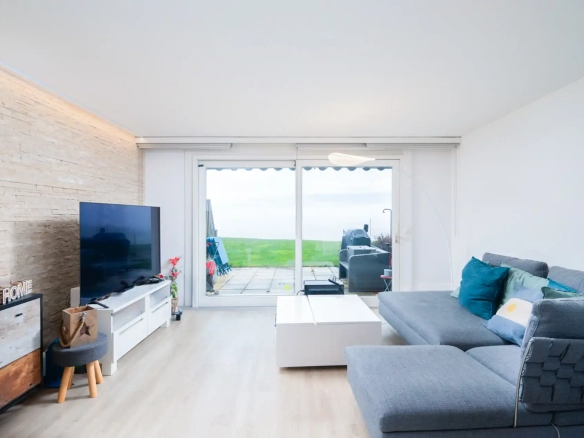 Salon lumineux avec canapé gris et grande baie vitrée donnant sur terrasse et jardin