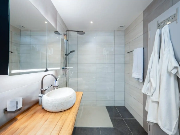 Salle de bain moderne avec douche italienne et vasque en pierre sur plan de travail bois