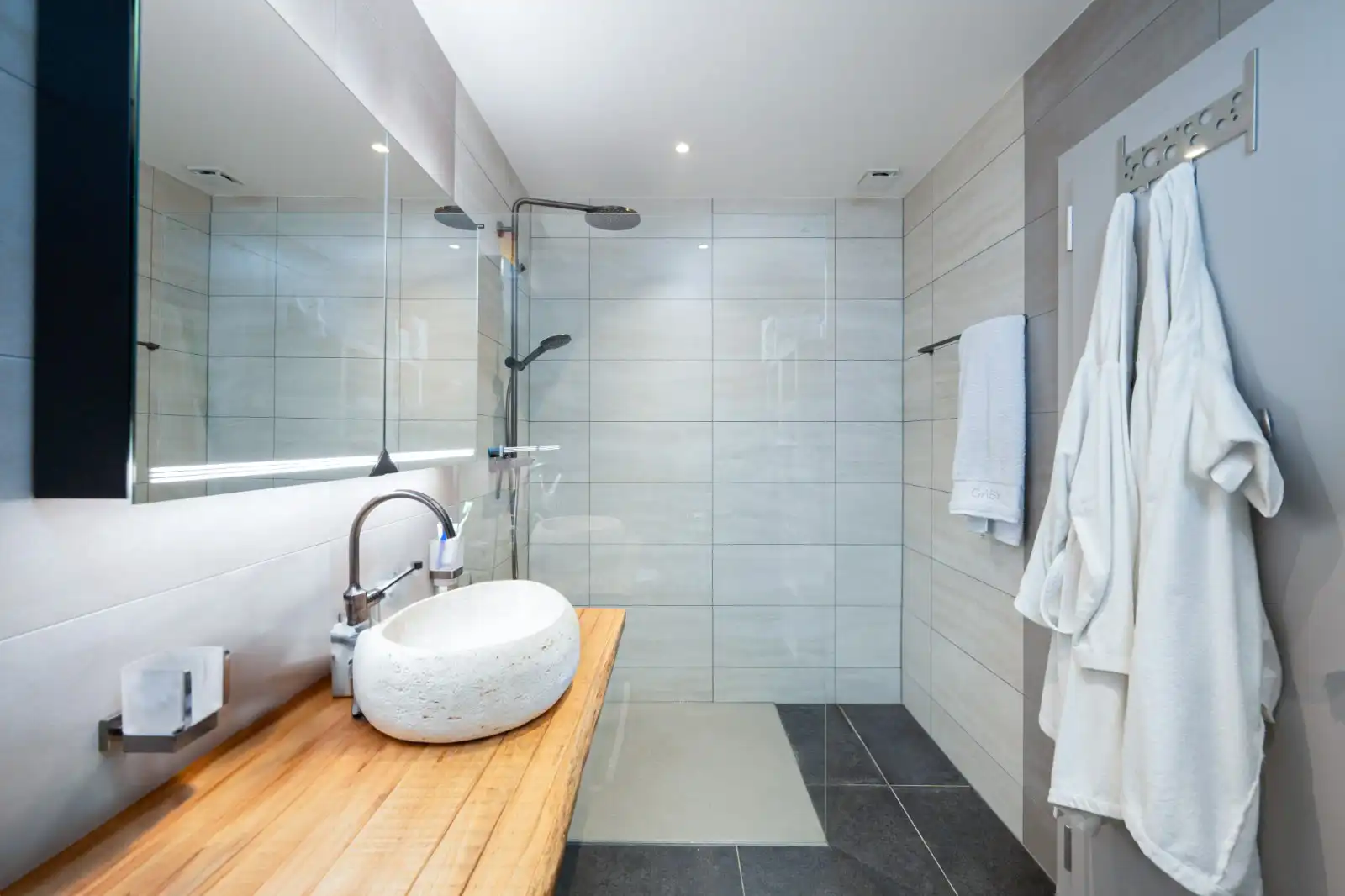 Salle de bain moderne avec douche italienne et vasque en pierre sur plan de travail bois