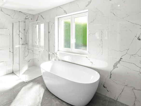 Salle de bain rénovée avec baignoire design et lumière naturelle