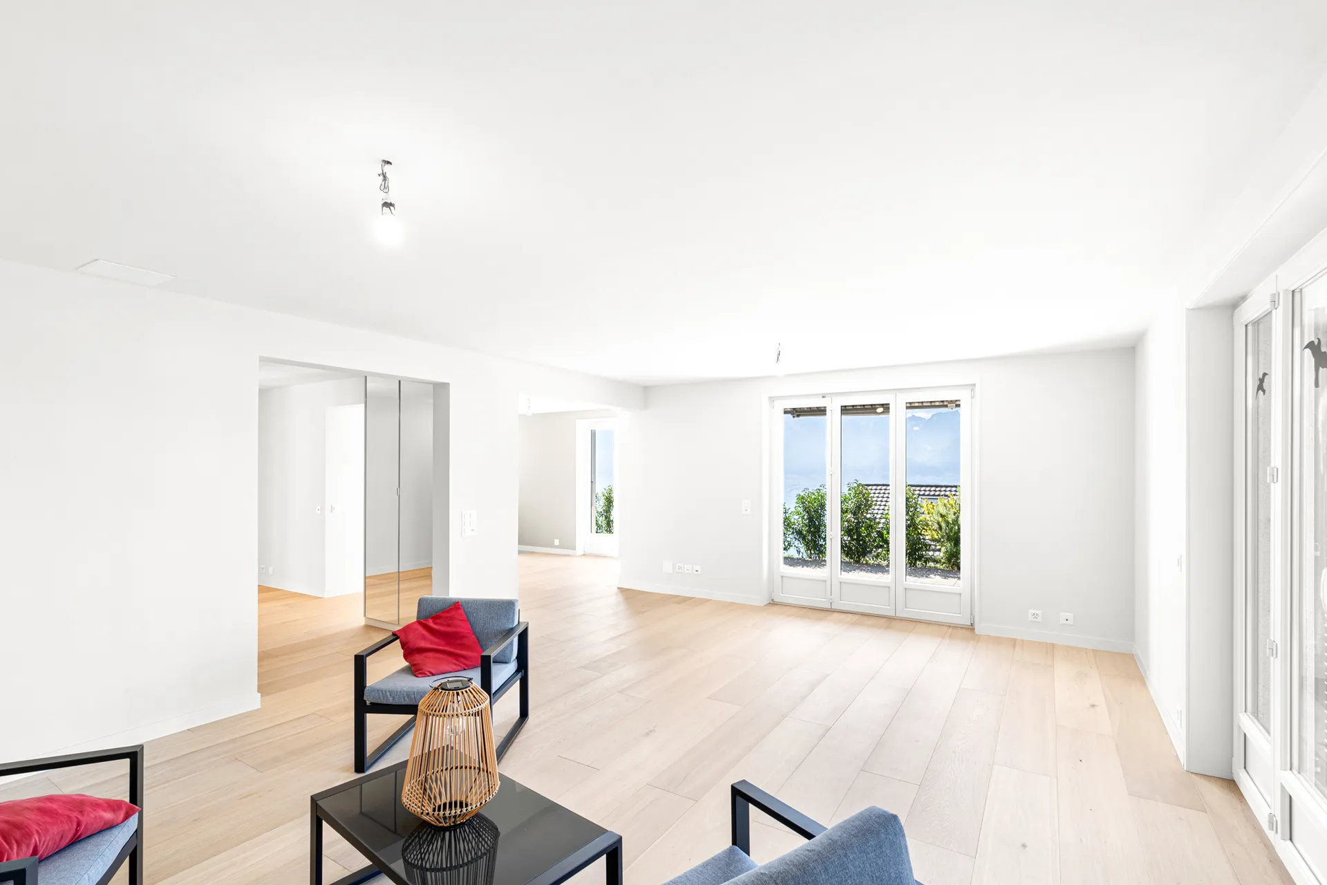 Salon spacieux avec grandes baies vitrées et accès terrasse