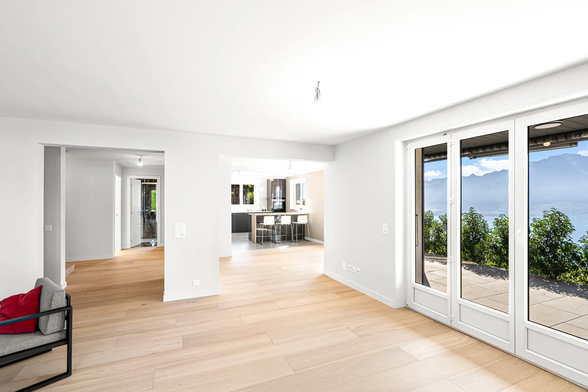 Salon spacieux avec grandes baies vitrées et accès terrasse