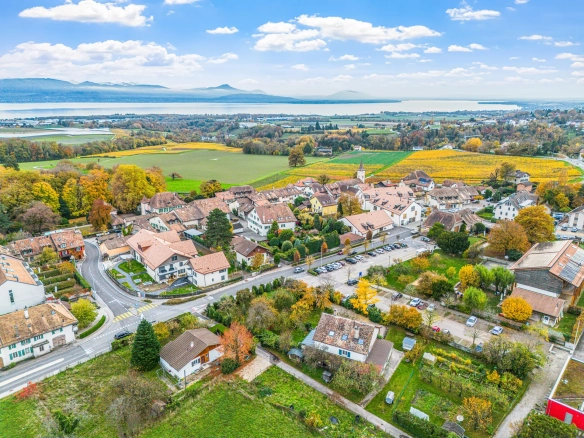 Vue aérienne d’un village entouré de champs et de collines près d’un lac.